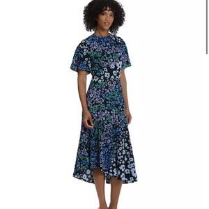 Maggy London Asymmetrical Floral Dress in Black, Blue, and Green